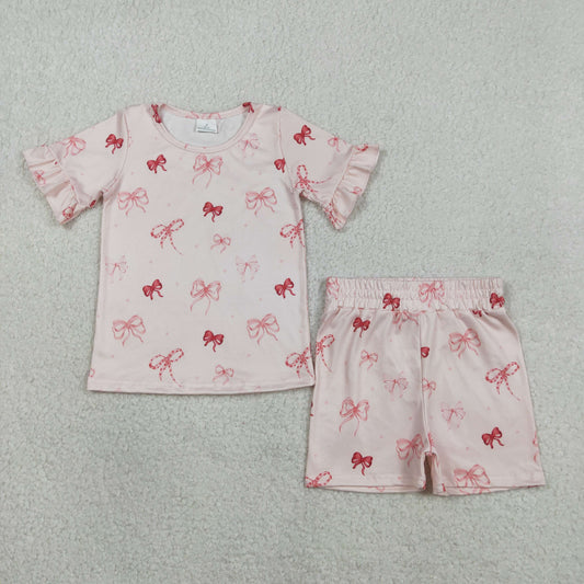 GSSO2996 Bows Beige Pink Ruffle Short Sleeve Shorts Girls Sets 202601 RTS
