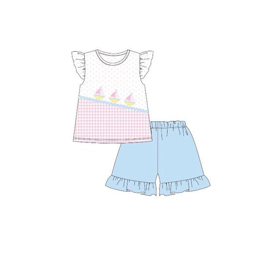 MOQ 5 PCS Preorder GSSO2998 Sailboat Dots Plaid Flying Sleeve Shorts Girls Sets 202512