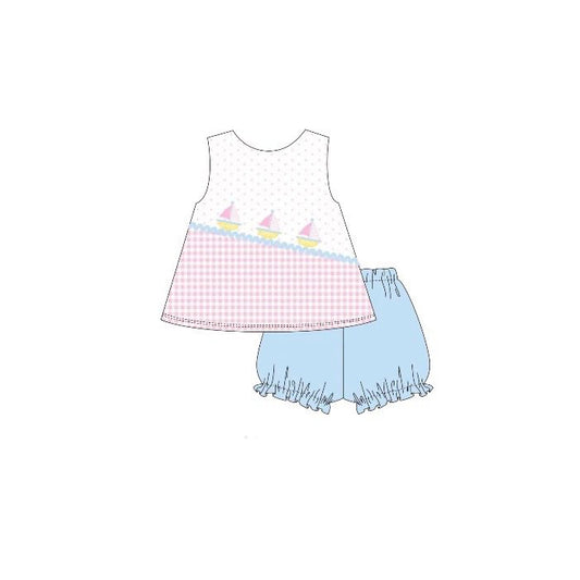 MOQ 5 PCS Preorder GSSO2999 Sailboat Dots Plaid Sleeveless Shorts Girls Sets 202512