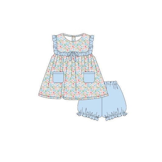 MOQ 5 PCS Preorder GSSO3000 Flower Pocket Blue Ruffle Sleeveless Shorts Girls Sets 202512