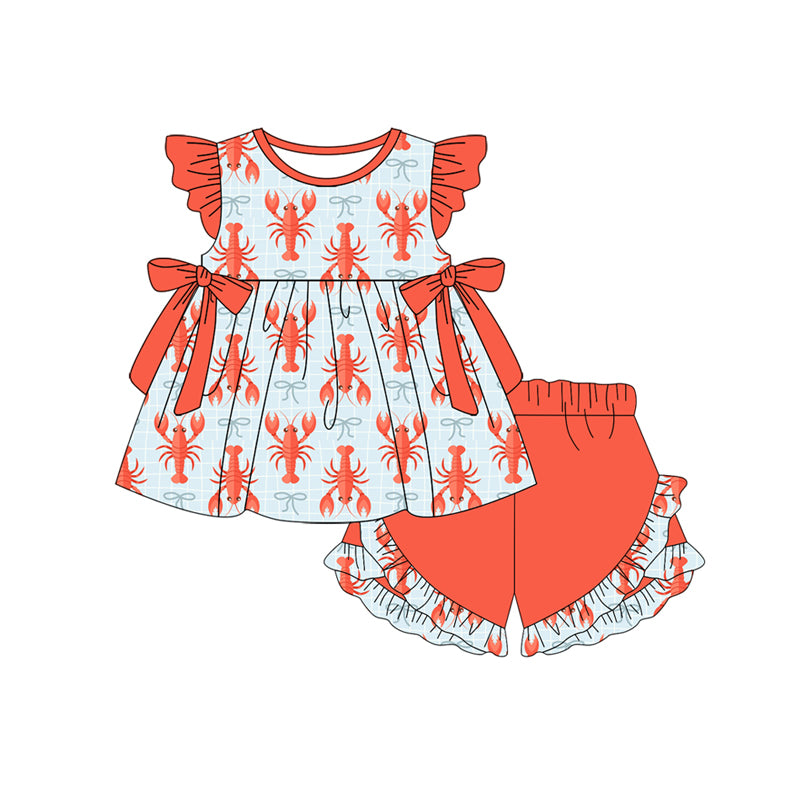MOQ 5 PCS Preorder GSSO3001 Crayfish Plaid Red Bows Flying Sleeve Shorts Girls Sets 202512