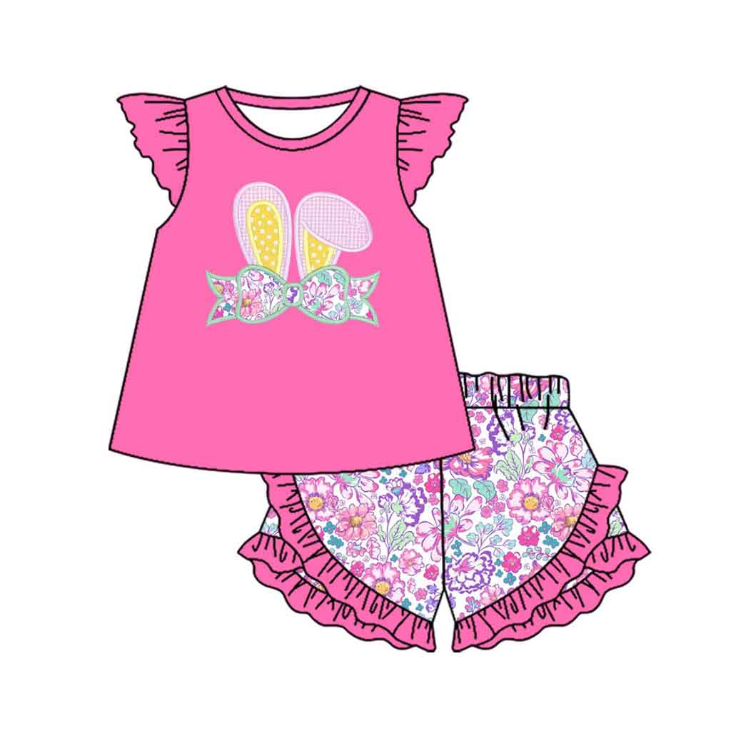 MOQ 5 PCS Preorder GSSO3003 Easter Bunny Ear Flower Rose Red Ruffle Flying Sleeve Shorts Girls Sets 202512