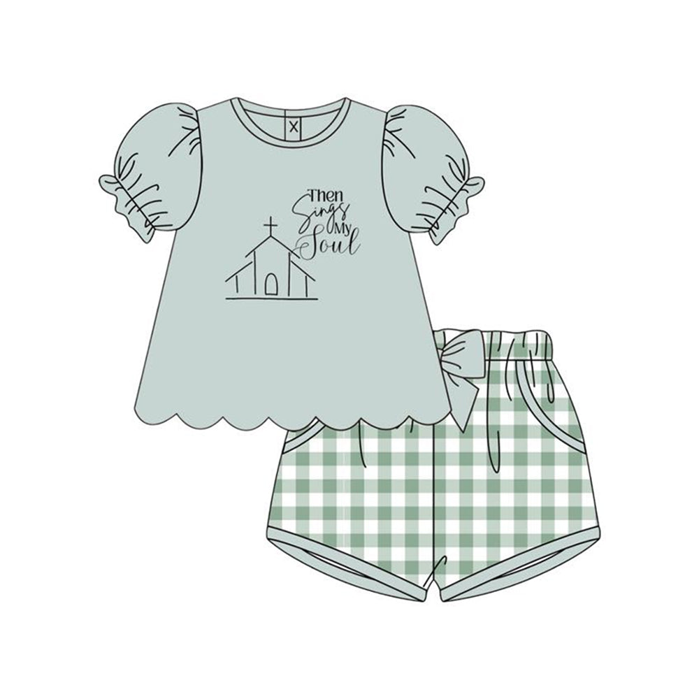 MOQ 5 PCS Preorder GSSO3004 Easter Green Short Sleeve Plaid Shorts Girls Sets 202512