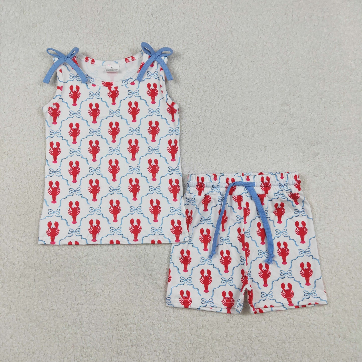 GSSO3005 Crayfish Bows Blue White Sleeveless Shorts Girls Sets 202601 RTS