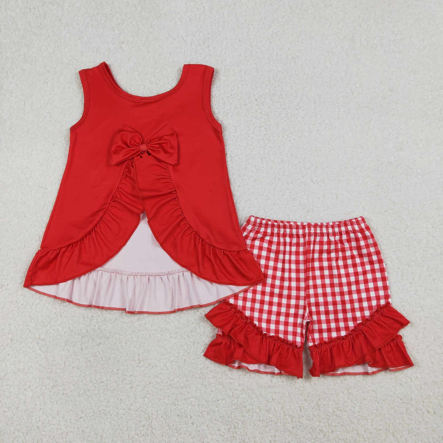 GSSO3009 Chick Fried Chicken Snacks Red Sleeveless Plaid Shorts Girls Sets 202601 RTS