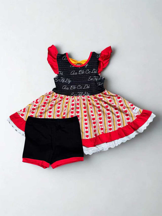 MOQ 5 PCS Preorder GSSO3011 Back to School ABC Apple Stripe Red Black Short-Sleeve Shorts Girls Sets 202512