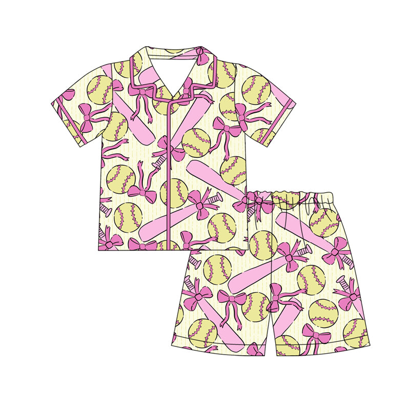 MOQ 5 PCS Preorder GSSO3012 Baseball Pink Bow Pattern Yellow Button Short-Sleeve Shorts Girls Pajama Set 202512