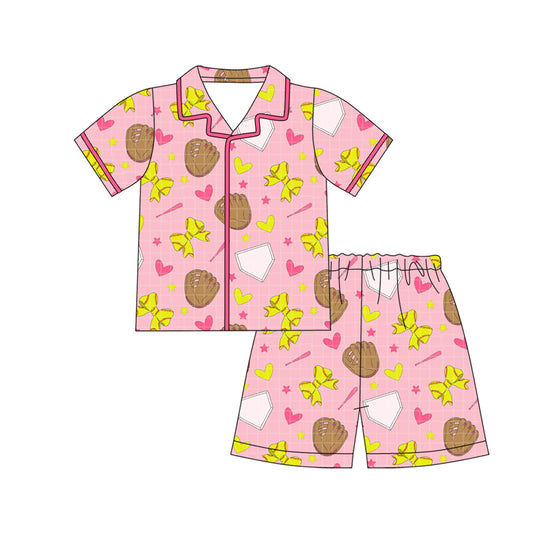 MOQ 5 PCS Preorder GSSO3013 Baseball Bow Love Pink Plaid Short-Sleeve Shorts Girls Pajama Set 202512
