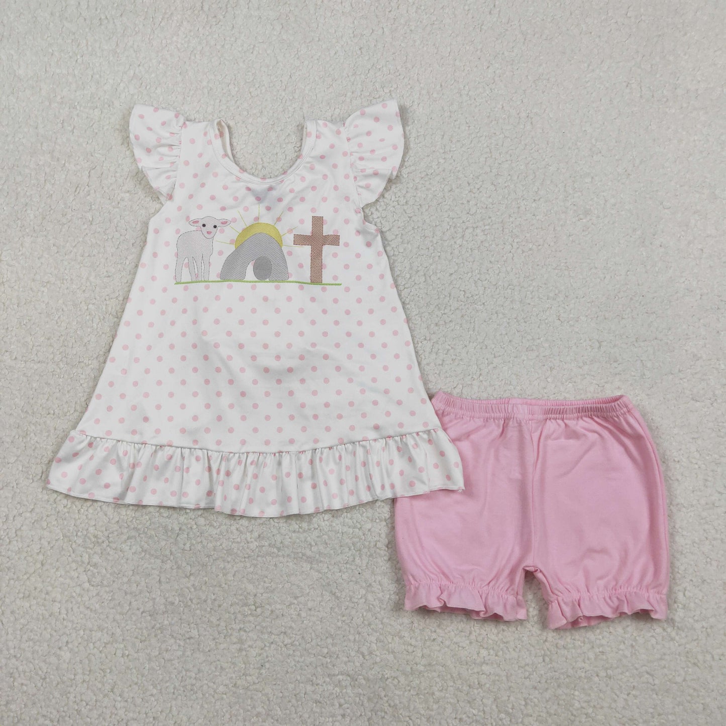 GSSO3018 Easter Cross Sheep Dots Ruffle Flying Sleeve Pink Shorts Girls  Sets 202601 RTS