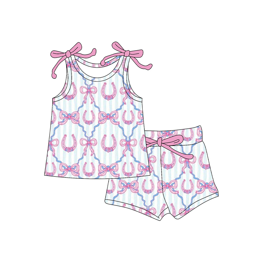 MOQ 5 PCS Preorder GSSO3020 Cowgirl Bows Blue Stripe Pink Sleeveless Shorts Girls  Sets 202512