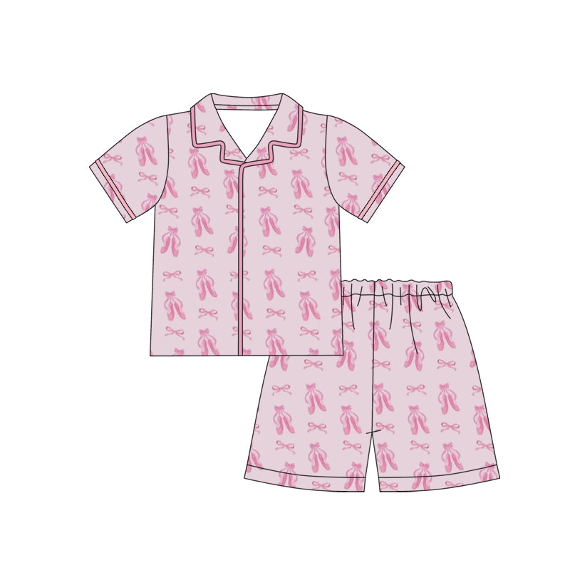 MOQ 5 PCS Preorder GSSO3021 Ballet Shoes Bows Pink Polo Buttons Short Sleeve Shorts Girls Sets 202512
