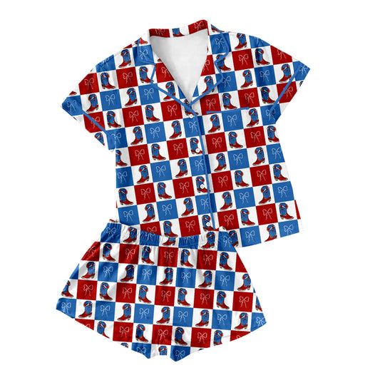 MOQ 5 PCS preorder GSSO3022 Adult Female Boots Bows Red Blue Plaid Polo Button Short Sleeve Shorts Pajama Set 202512