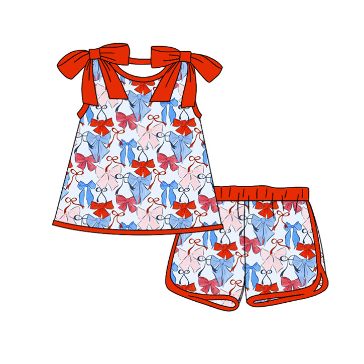MOQ 5 PCS Preorder GSSO3025 4th of July Red Blue Bows Sleeveless Shorts Girls  Sets 202512