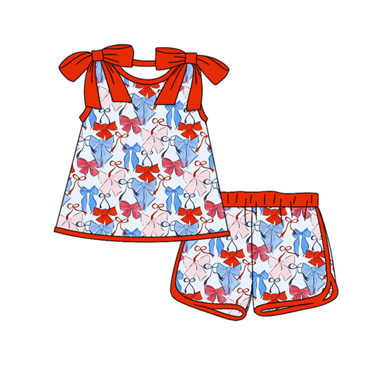 MOQ 5 PCS Preorder GSSO3025 4th of July Red Blue Bows Sleeveless Shorts Girls  Sets 202512