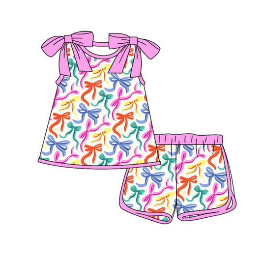 MOQ 5 PCS Preorder GSSO3026 Colored Bows Rose Pink Sleeveless Shorts Girls  Sets 202512