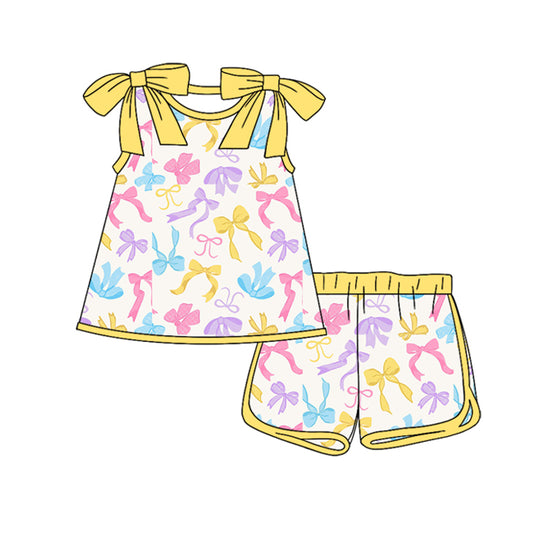 MOQ 5 PCS Preorder GSSO3027 Colored Bows Yellow Sleeveless Shorts Girls  Sets 202512