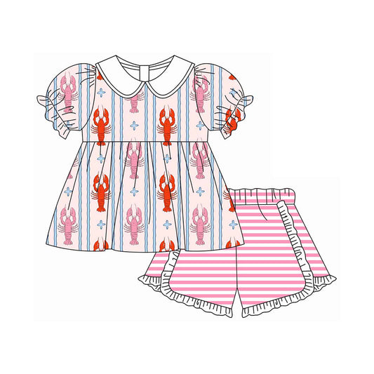 MOQ 5 PCS Preorder GSSO3030 Crayfish Stripe Doll Collar Short Sleeve Pink Shorts Girls Sets 202512