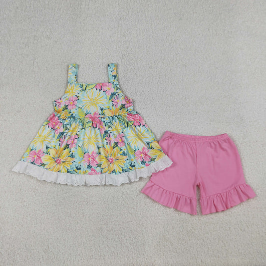 GSSO3034 Flower Lace Ruffle Sleeveless Pink Ruffle Shorts Girls Sets 202604 RTS