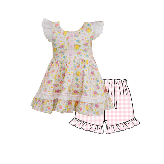 MOQ 5 PCS Preorder GSSO3035 Flower Lace Ruffle Flying Sleeve Pink Plaid Ruffle Shorts Girls Sets 202512
