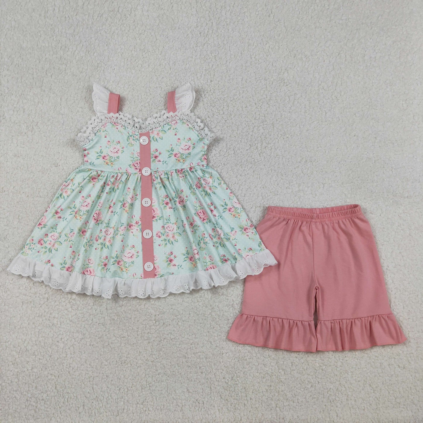 GSSO3036 Flower Lace Ruffle Flying Sleeve Pink Ruffle Shorts Girls Sets 202603 RTS