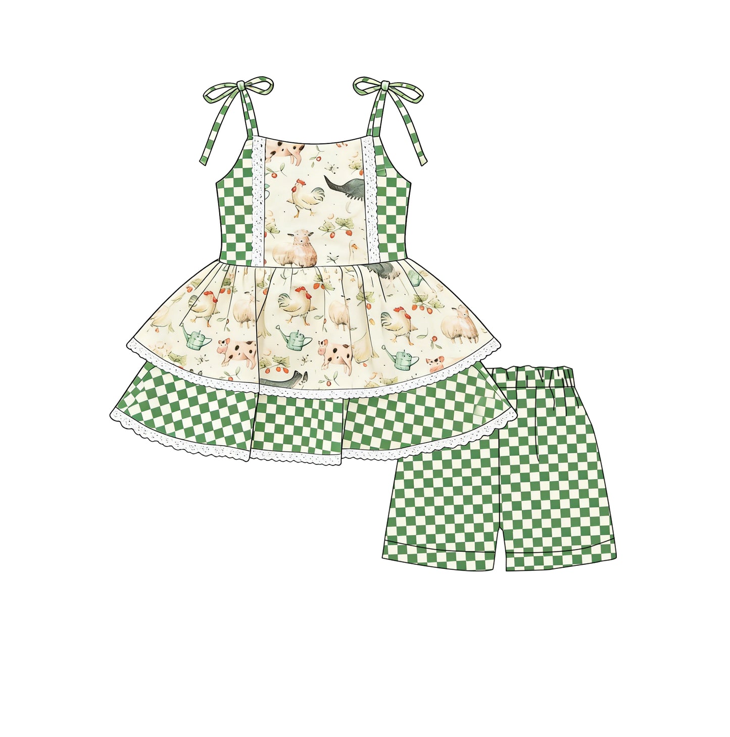 MOQ 5 PCS Preorder GSSO3037 Farm Chick Pig Green Plaid Ruffle Sleeveless Shorts Girls Sets 202512