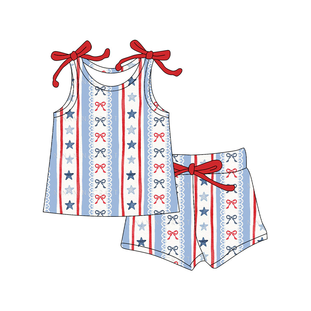 MOQ 5 PCS Preorder GSSO3038 4th of July Red Blue Star Bows Sleeveless Shorts Girls Sets 202512