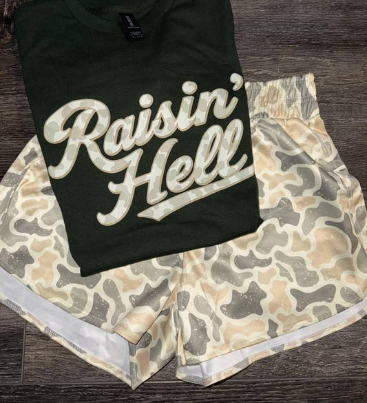 MOQ 5 PCS preorder GSSO3041 Adult Female Black Short Sleeved Camo Shorts Sets 202512