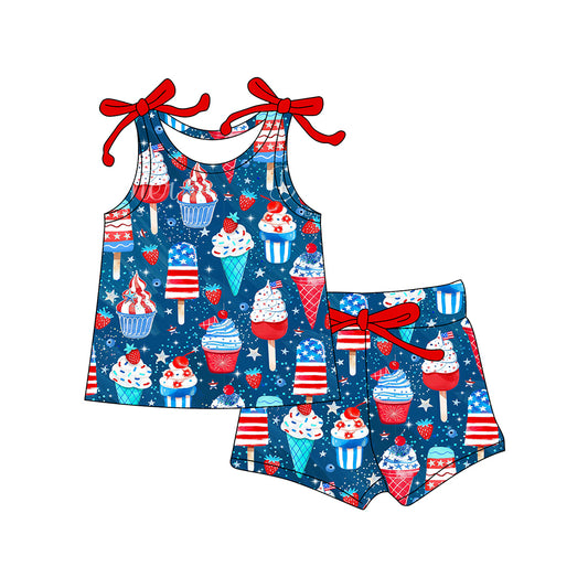 MOQ 5 PCS Preorder GSSO3042 Ice Cream Strawberry Red Blue Sleeveless Shorts Girls Sets 202512