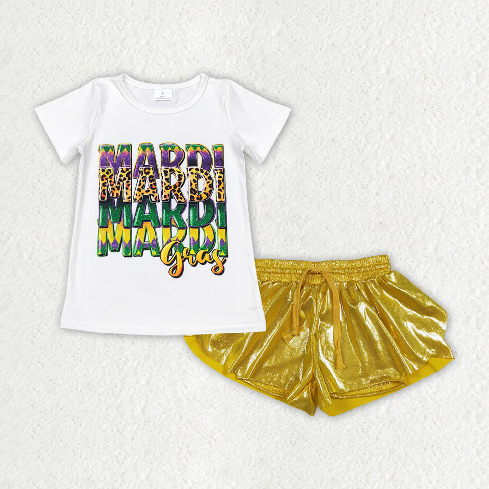 GSSO3045 Mardi Gras White Short Sleeve Golden Leather Shorts Girls Sets 202512 RTS