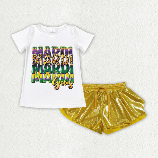 GSSO3045 Mardi Gras White Short Sleeve Golden Leather Shorts Girls Sets 202512 RTS