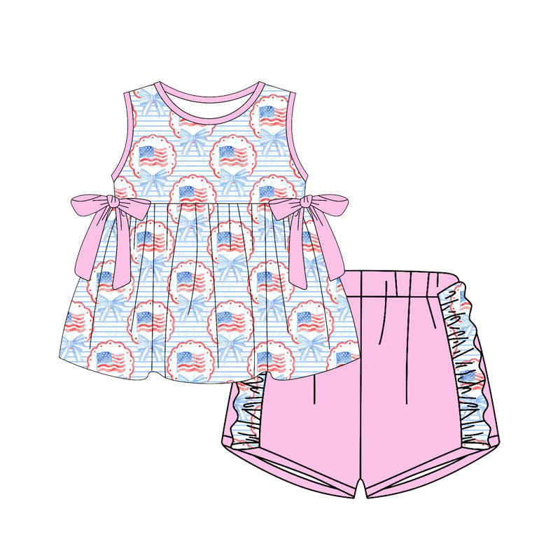 MOQ 5 PCS Preorder GSSO3046 4th of July Flag Bows Stripe Pink Ruffle Sleeveless Shorts Girls Sets 202512