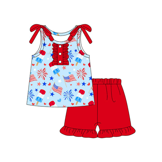 MOQ 5 PCS Preorder GSSO3047 4th of July Fireworks Flag Blue Sleeveless Red Ruffle Shorts Girls Sets 202512