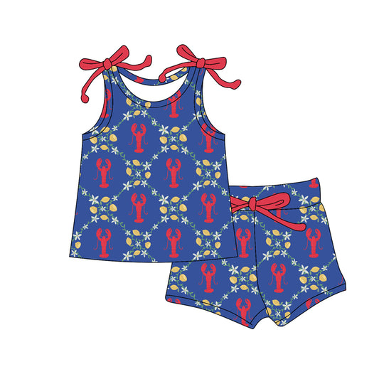 MOQ 5 PCS Preorder GSSO3048 Crayfish Flower Blue Sleeveless Shorts Girls Sets 202512