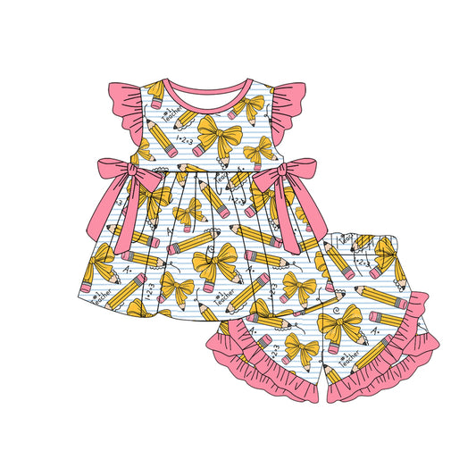 MOQ 5 PCS Preorder GSSO3049 Back to School Pink Ruffle Bows Flying Sleeve Shorts Girls Sets 202512