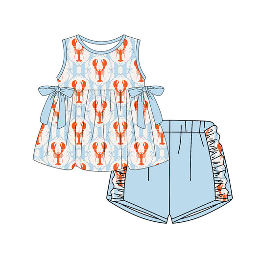 MOQ 5 PCS Preorder GSSO3052 Red Crayfish Stripe Blue Bows Sleeveless Shorts Girls Sets 202512