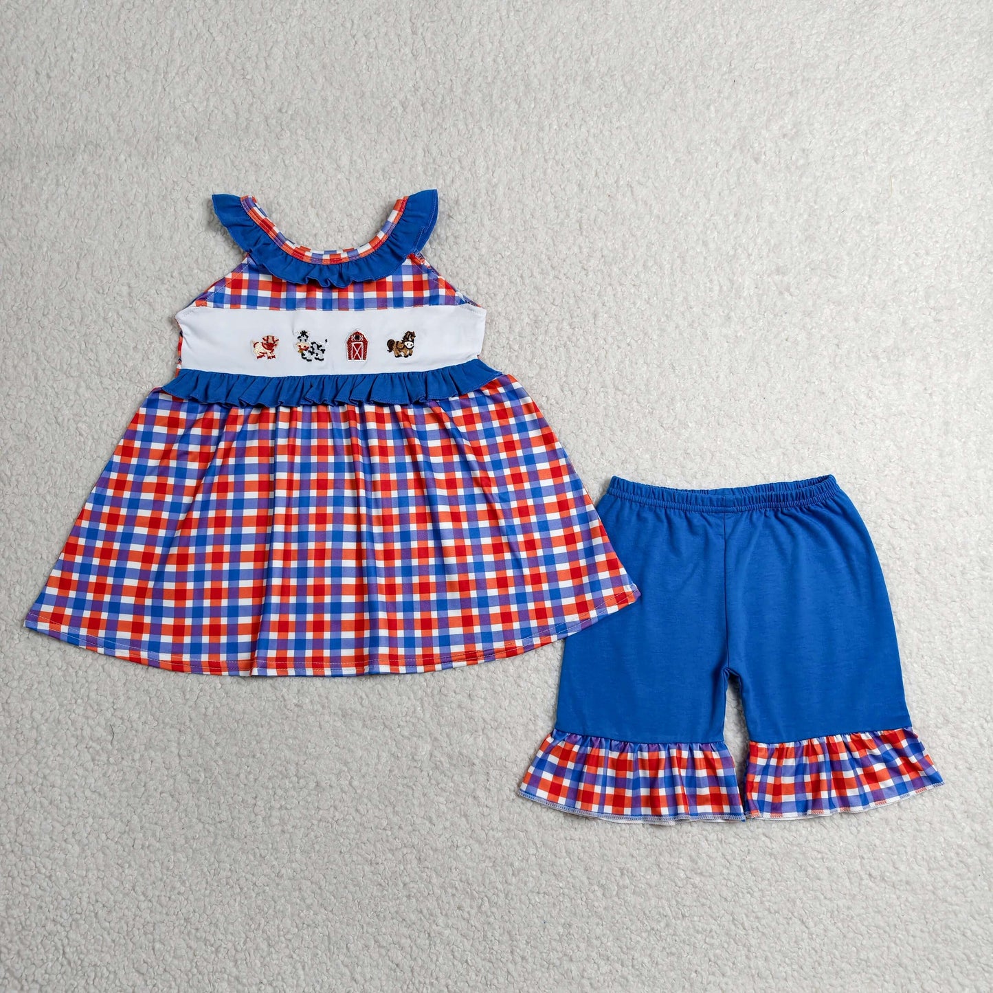 GSSO3056 Embroidered Farm Animals Red Blue Plaid Sleeveless Shorts Girls Sets 202606 RTS