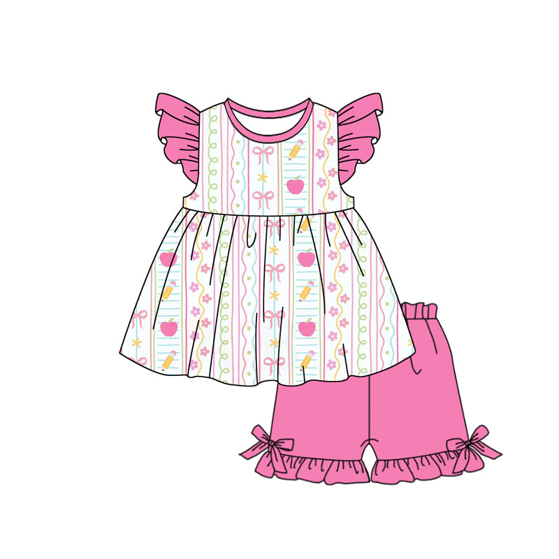MOQ 5 PCS Preorder GSSO3059 Back to School Bows Pencil Apple Rose Red Flying Sleeve Shorts Girls Sets 202512
