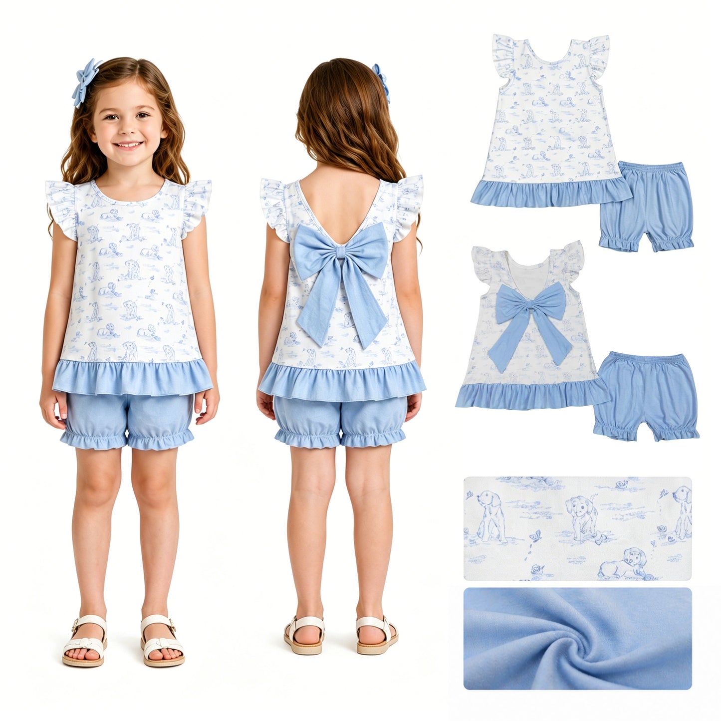 GSSO3061 Puppy Blue Flying Sleeve Shorts Girls Sets 202604 RTS