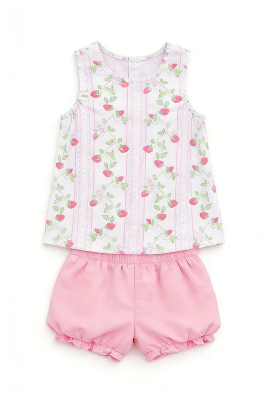 MOQ 5 PCS Preorder GSSO3062 Strawberry Leaf Stripe Sleeveless Pink Shorts Girls Sets 202512