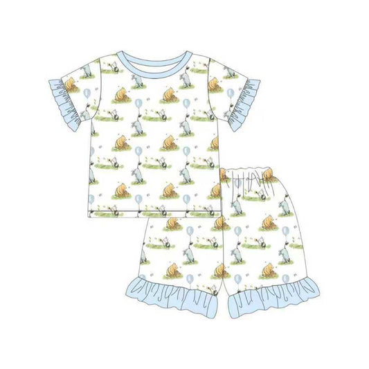 MOQ 5 PCS Preorder GSSO3064 Balloon Bear Blue White Ruffle Short Sleeve Shorts Girls Pajama Set 202512