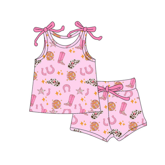 MOQ 5 PCS Preorder GSSO3065 Cowgirl Hat Rose Red Sleeveless Shorts Girls Sets 202512