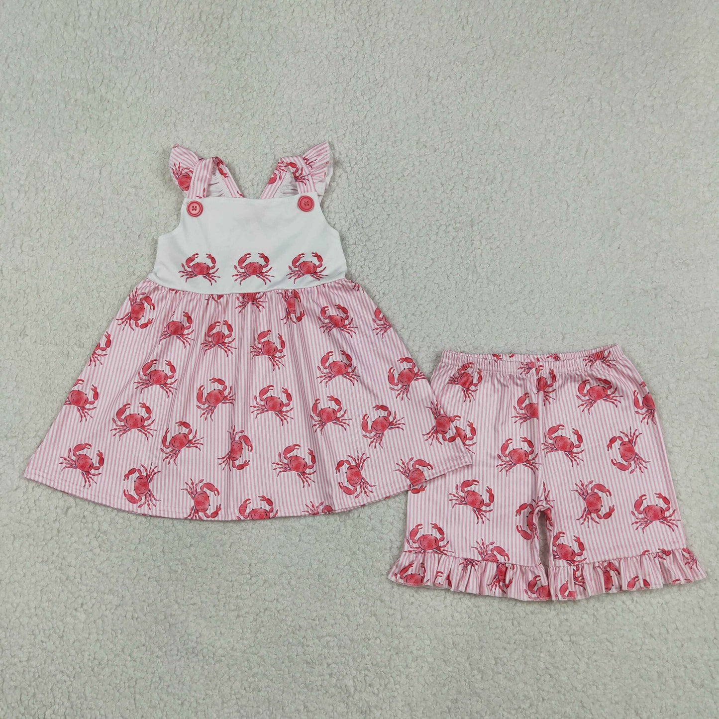 GSSO3066 Crab Stripe Rose Red Flying Sleeve Shorts Girls Sets 202604 RTS