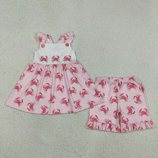 GSSO3066 Crab Stripe Rose Red Flying Sleeve Shorts Girls Sets 202604 RTS