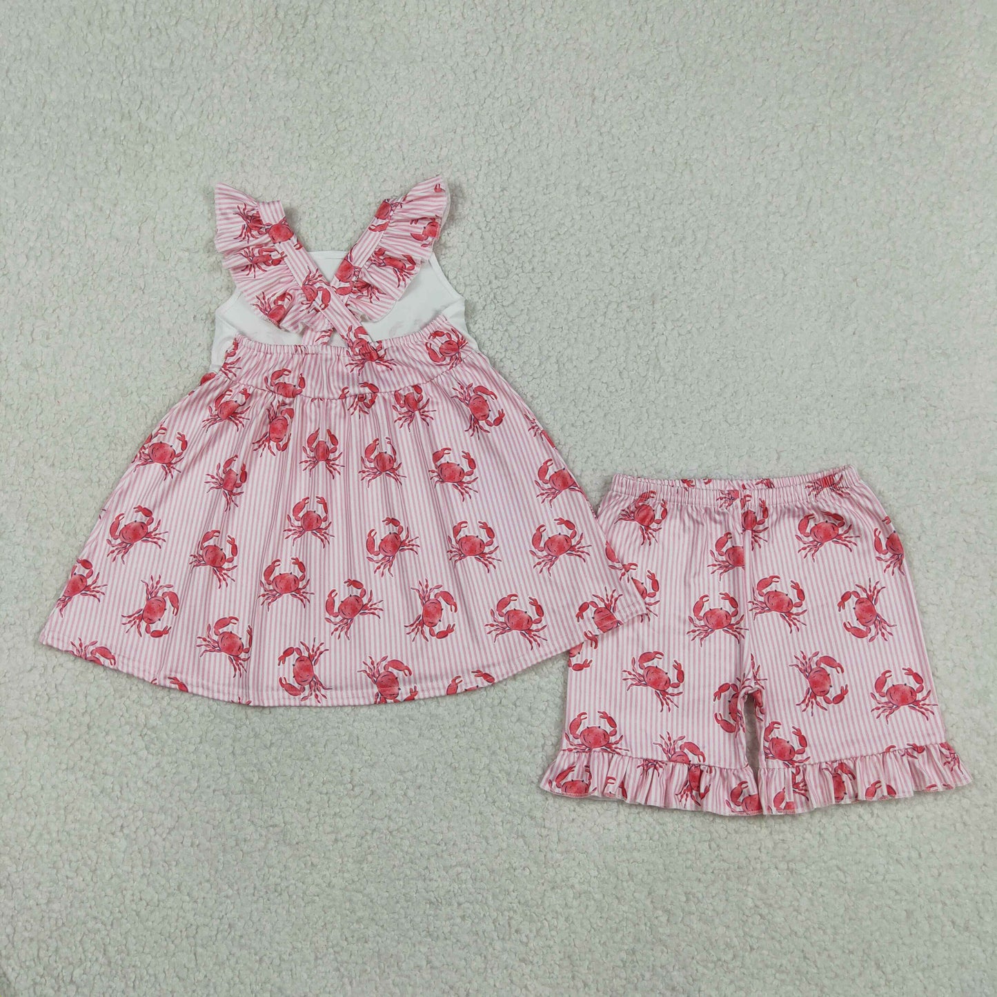 GSSO3066 Crab Stripe Rose Red Flying Sleeve Shorts Girls Sets 202604 RTS