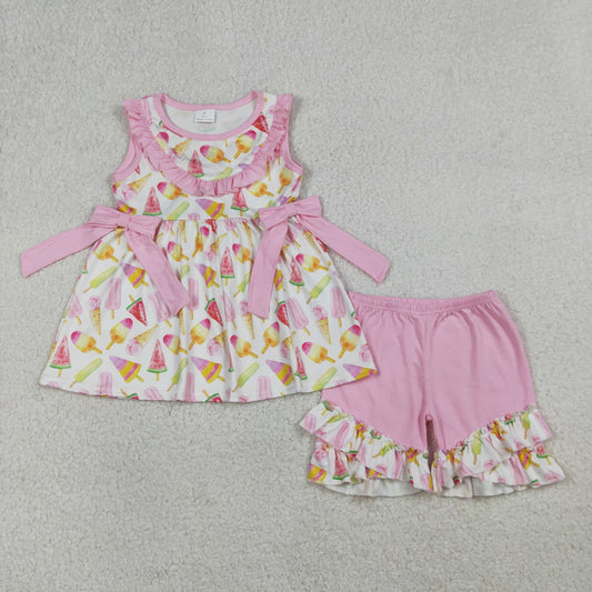 GSSO3067 Ice Cream Bows Pink Ruffle Sleeveless Shorts Girls Sets 202601 RTS