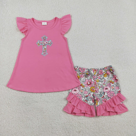 GSSO3069 Embroidered Easter Cross Flower Flying Sleeve Shorts Girls Sets 202601 RTS