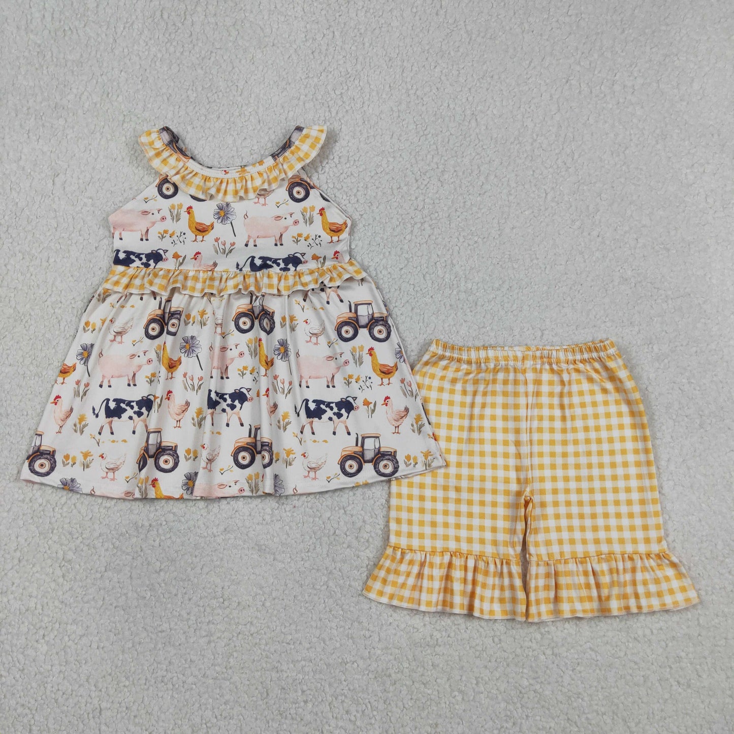 GSSO3071 Farm Animals Yellow Plaid Ruffle Sleeveless Shorts Girls Sets 202604 RTS