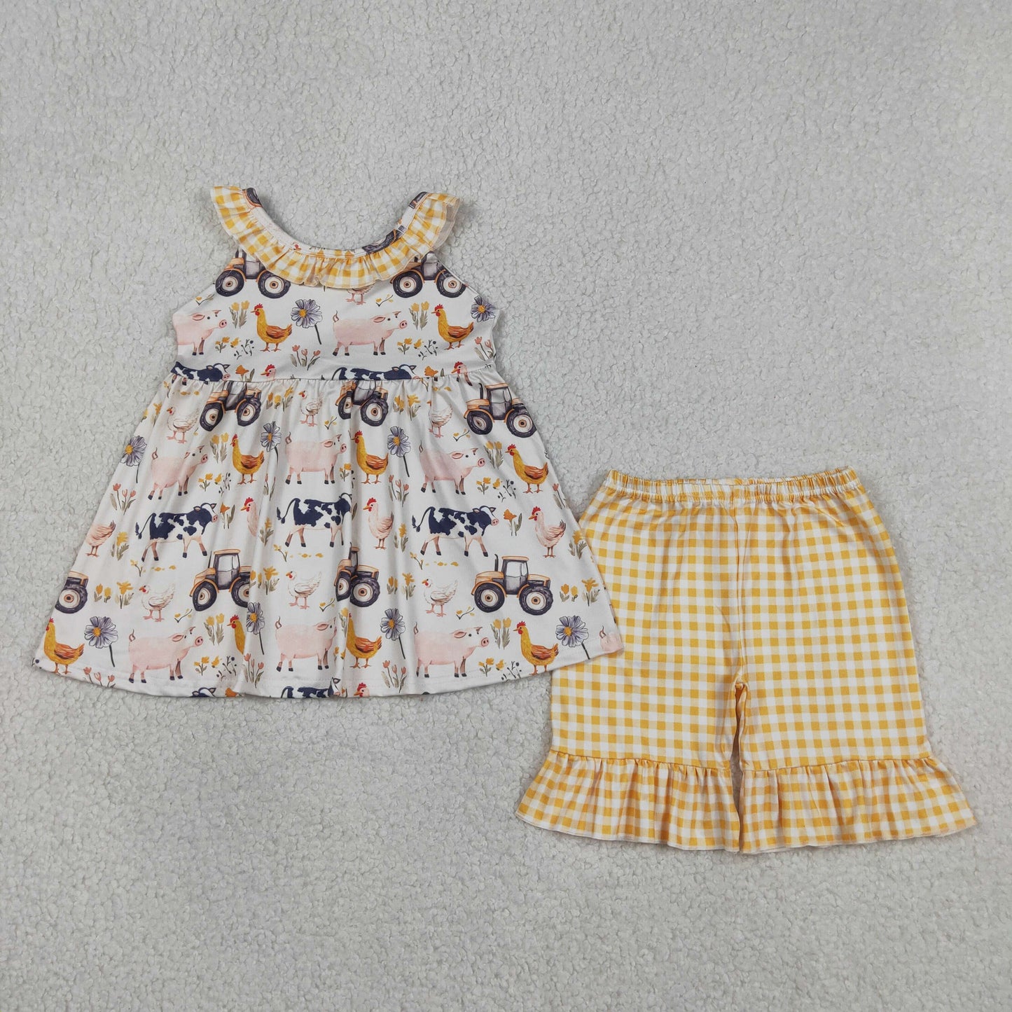 GSSO3071 Farm Animals Yellow Plaid Ruffle Sleeveless Shorts Girls Sets 202604 RTS
