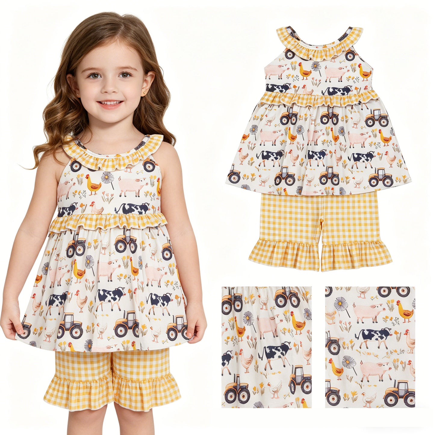 GSSO3071 Farm Animals Yellow Plaid Ruffle Sleeveless Shorts Girls Sets 202604 RTS