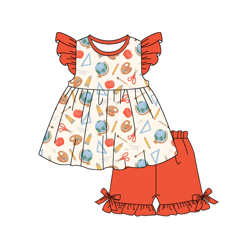 MOQ 5 PCS Preorder GSSO3072 Globe Scissors Pencil Red Bow Flying Sleeve Shorts Girls Sets 202512